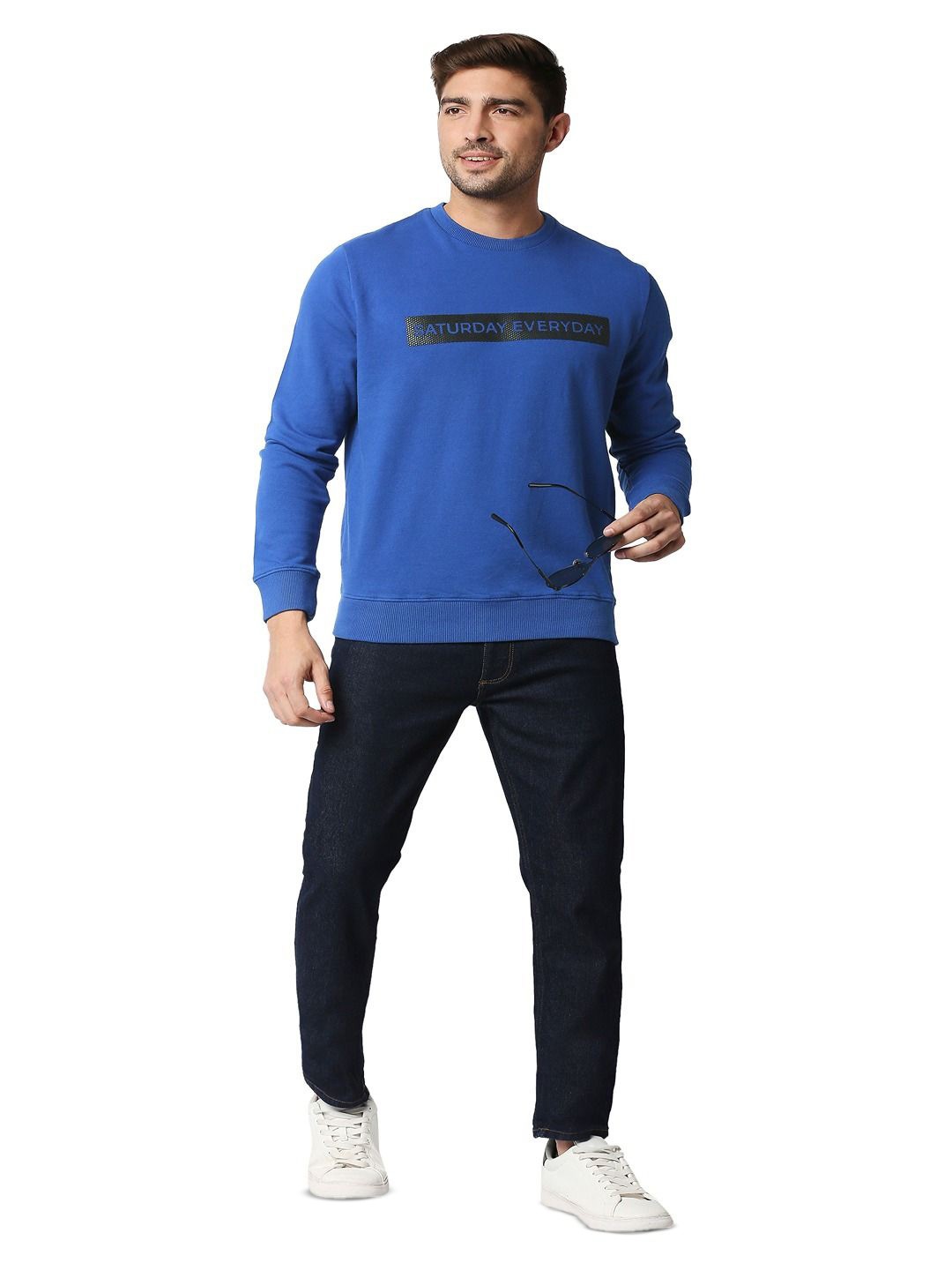 

Basics Men Typography Printed Cotton Pullover, Blue