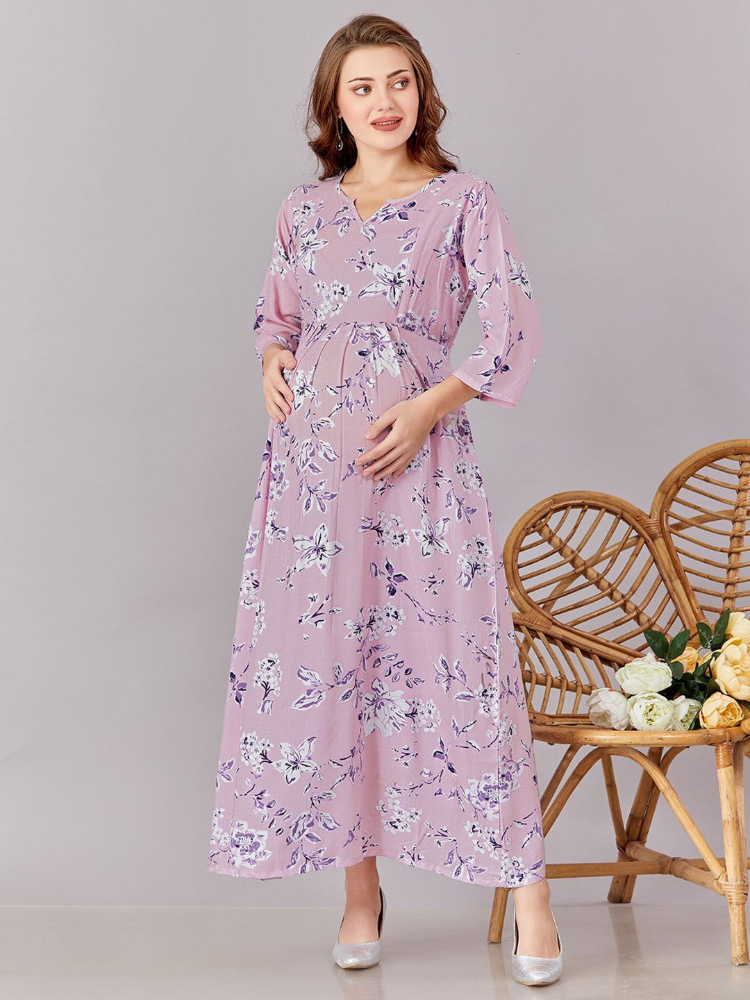

LOVELY MOM'S Floral Printed Maternity Maxi Dress, Pink