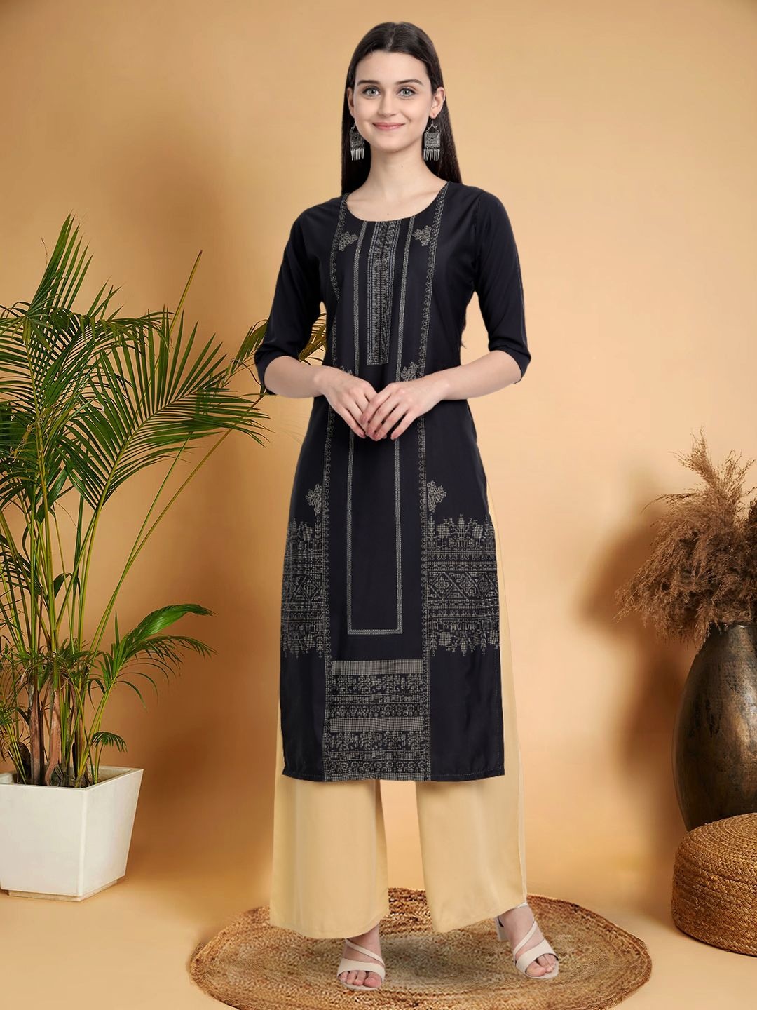 

7Threads Selection Of 3 Ethnic Motifs Printed Round Neck Straight Kurtas, Black