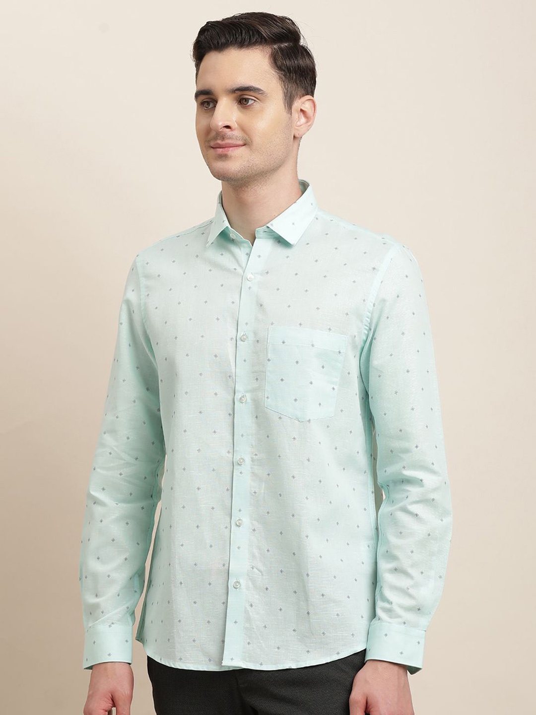 

Turtle Men Standard Fit Abstract Printed Cotton Linen Formal Shirt, Green