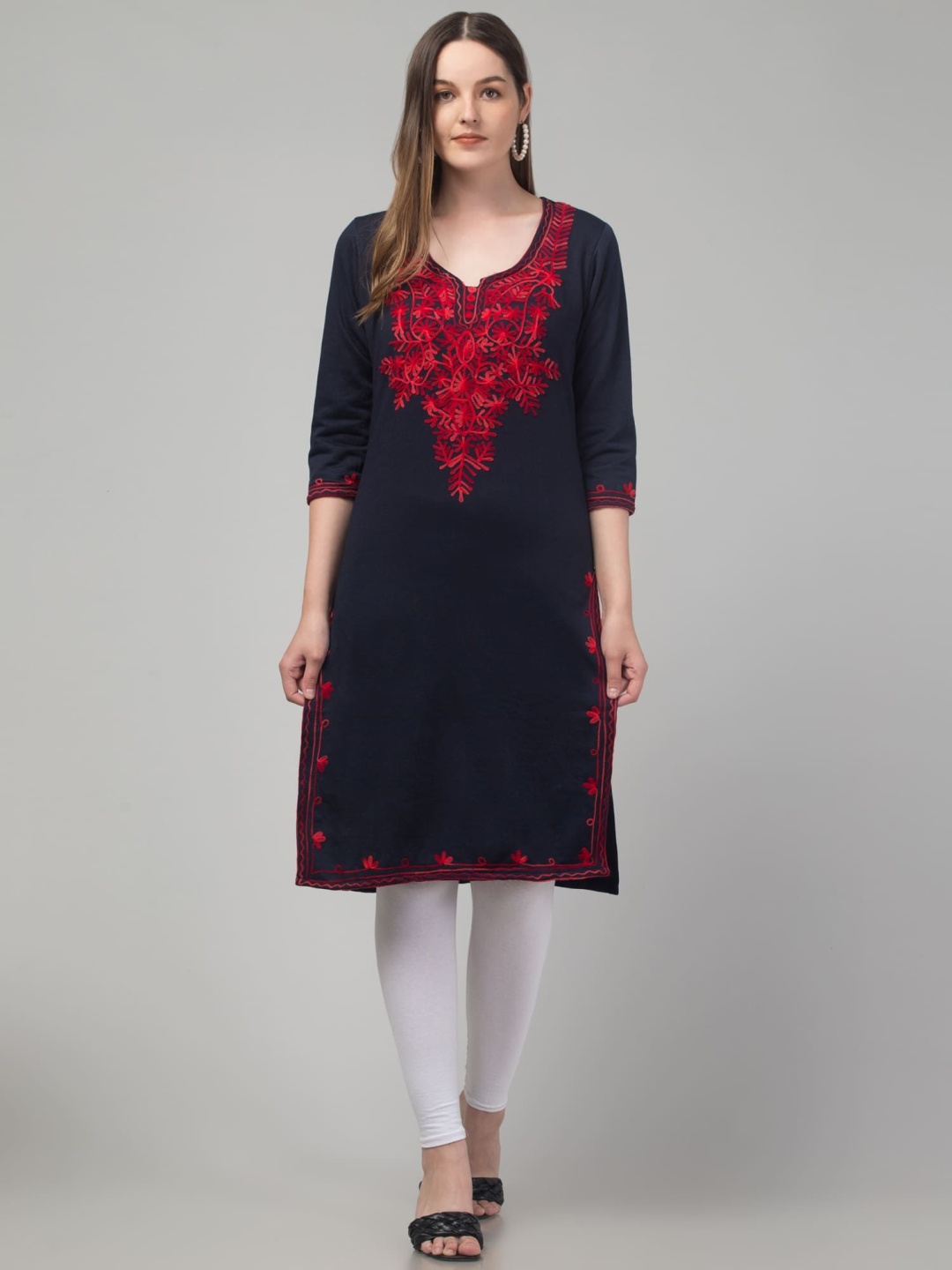 

FAMBEE Embroidered Notch Neck Woolen Straight Kurta, Navy blue