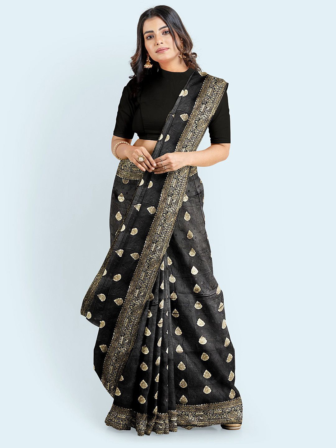 

Meena Bazaar Woven Design Ethnic Motifs Satin Zari Satin Saree, Black