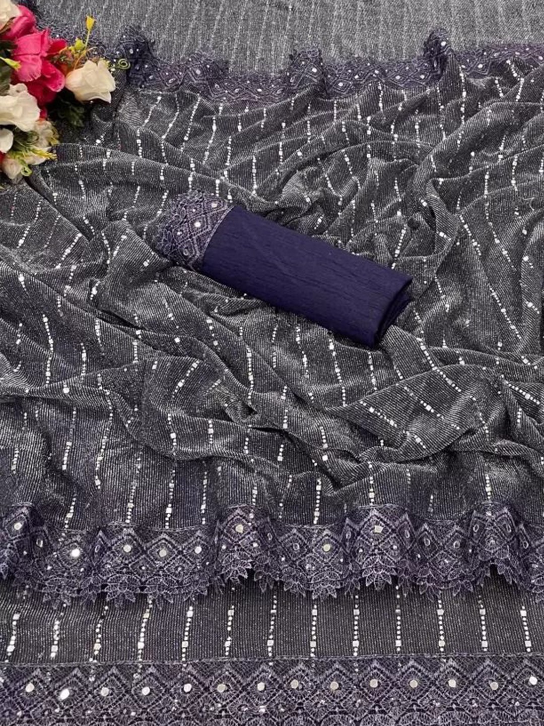 

SAADHVI Embellished Embroidered Art Silk Saree, Navy blue