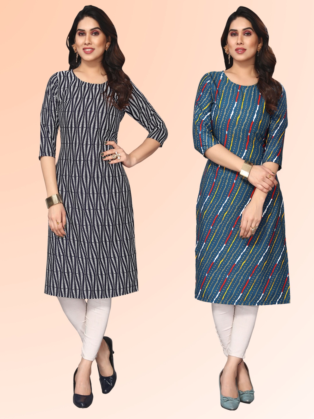 

KETAKI FASHION Selection of 2 Abstract Printed Round Neck Straight Kurtas, Black