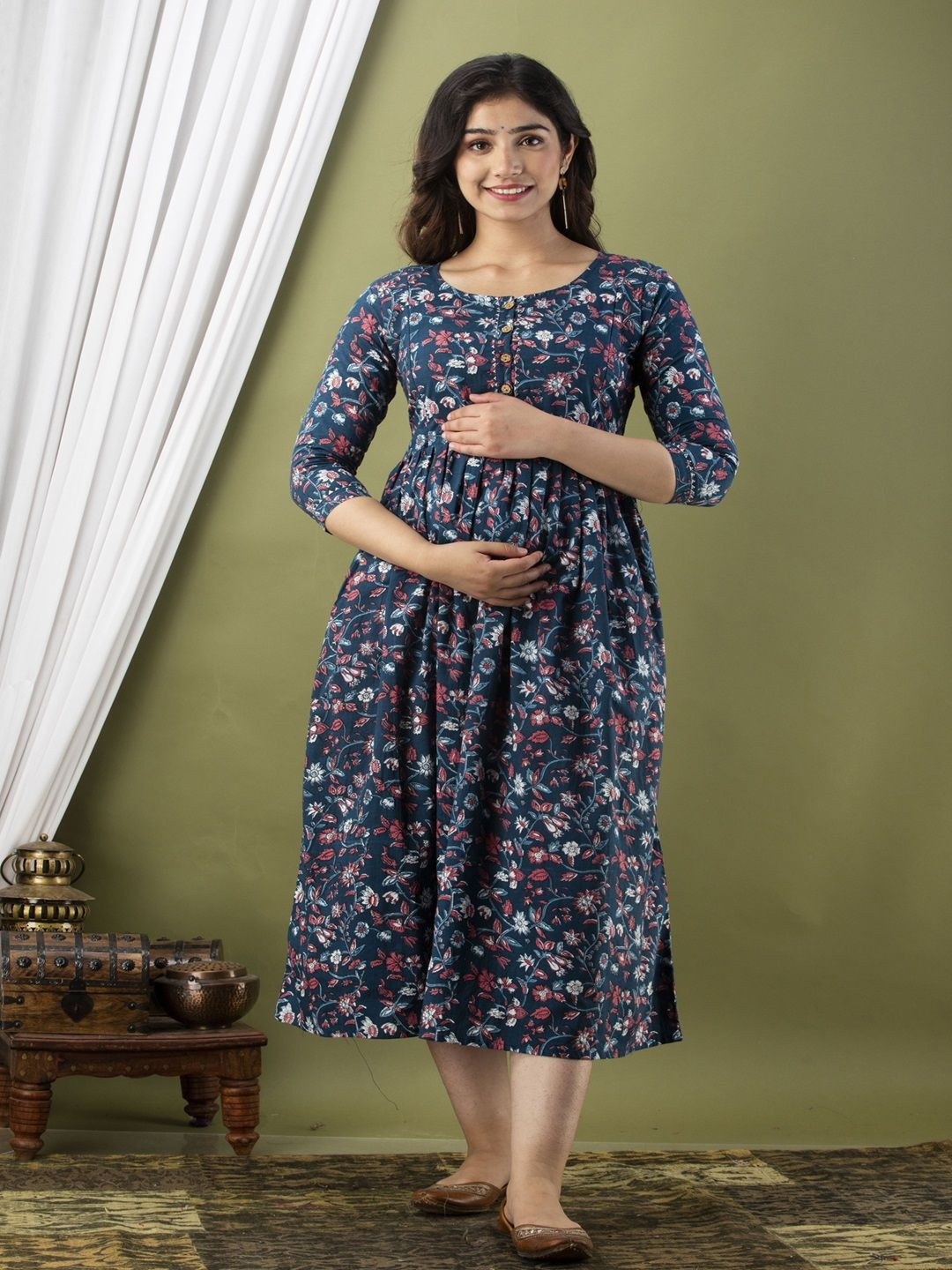 

Nevisha Style Floral Printed Round Neck Gotta Patti Maternity Cotton Anarkali Kurta, Blue