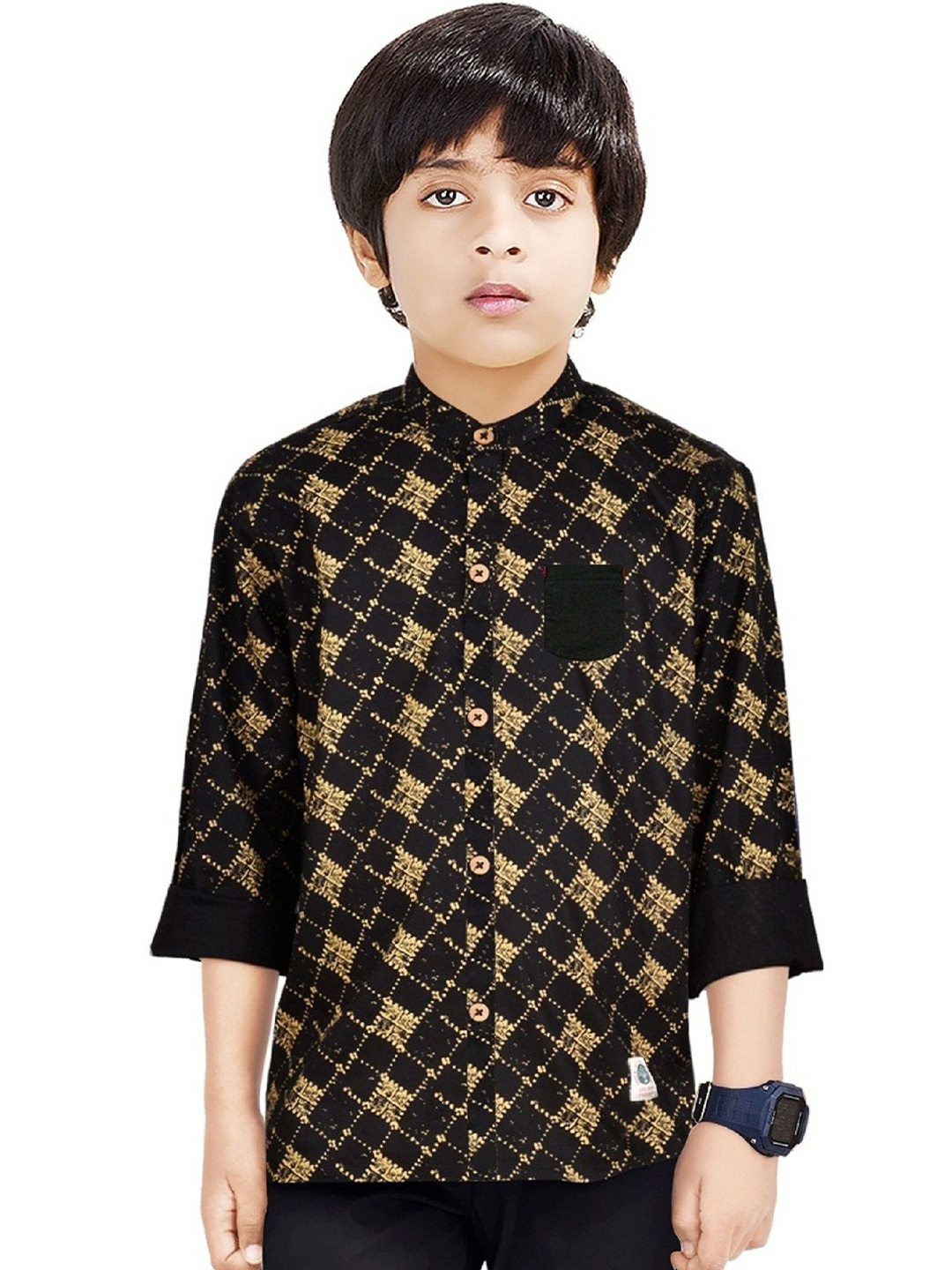 

MADE IN THE SHADE Boys Band Collar Geometric Printed Cotton Casual Shirt, Black