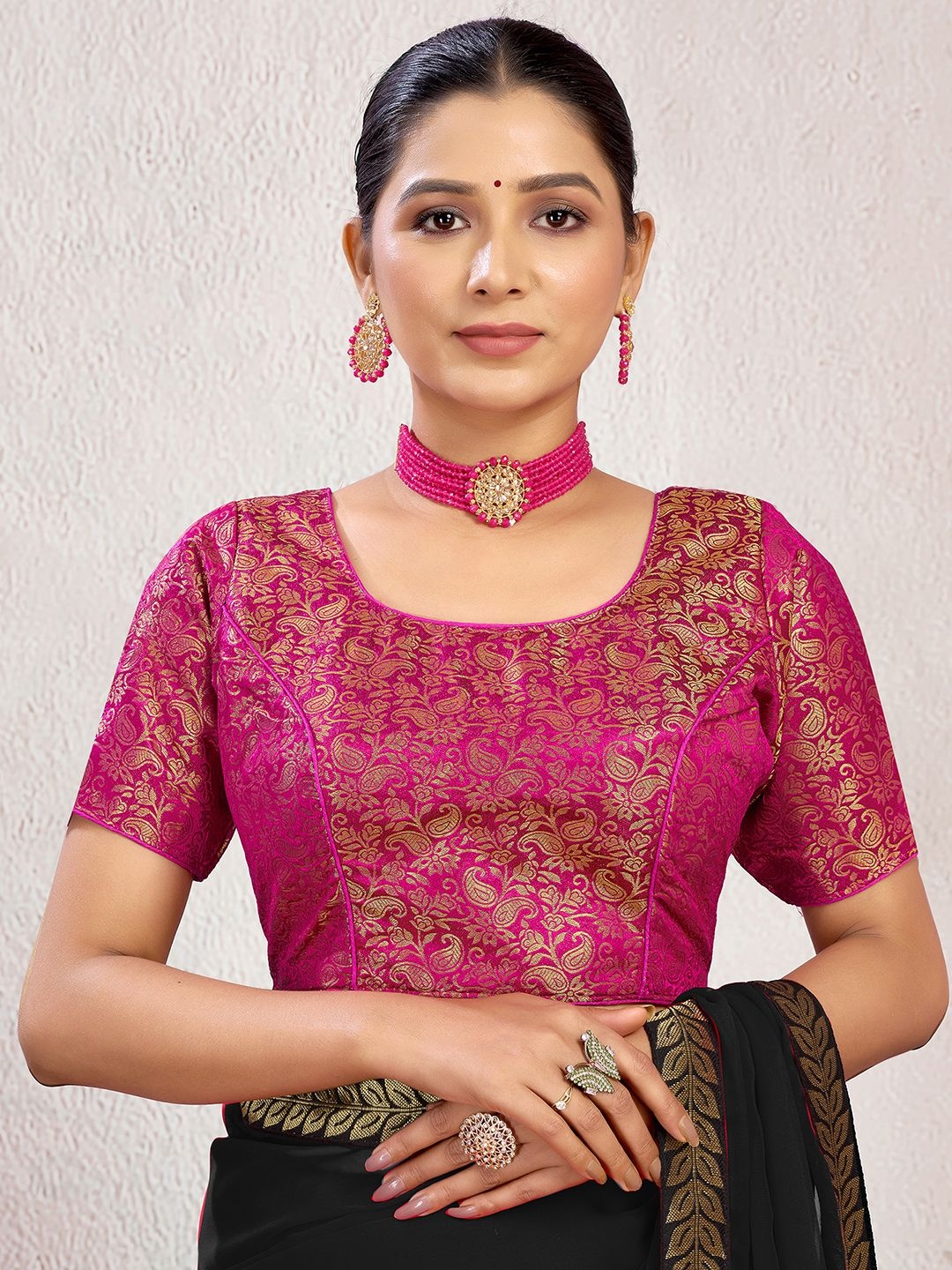

KALINI Women Woven Design Round Neck Saree Blouse, Pink