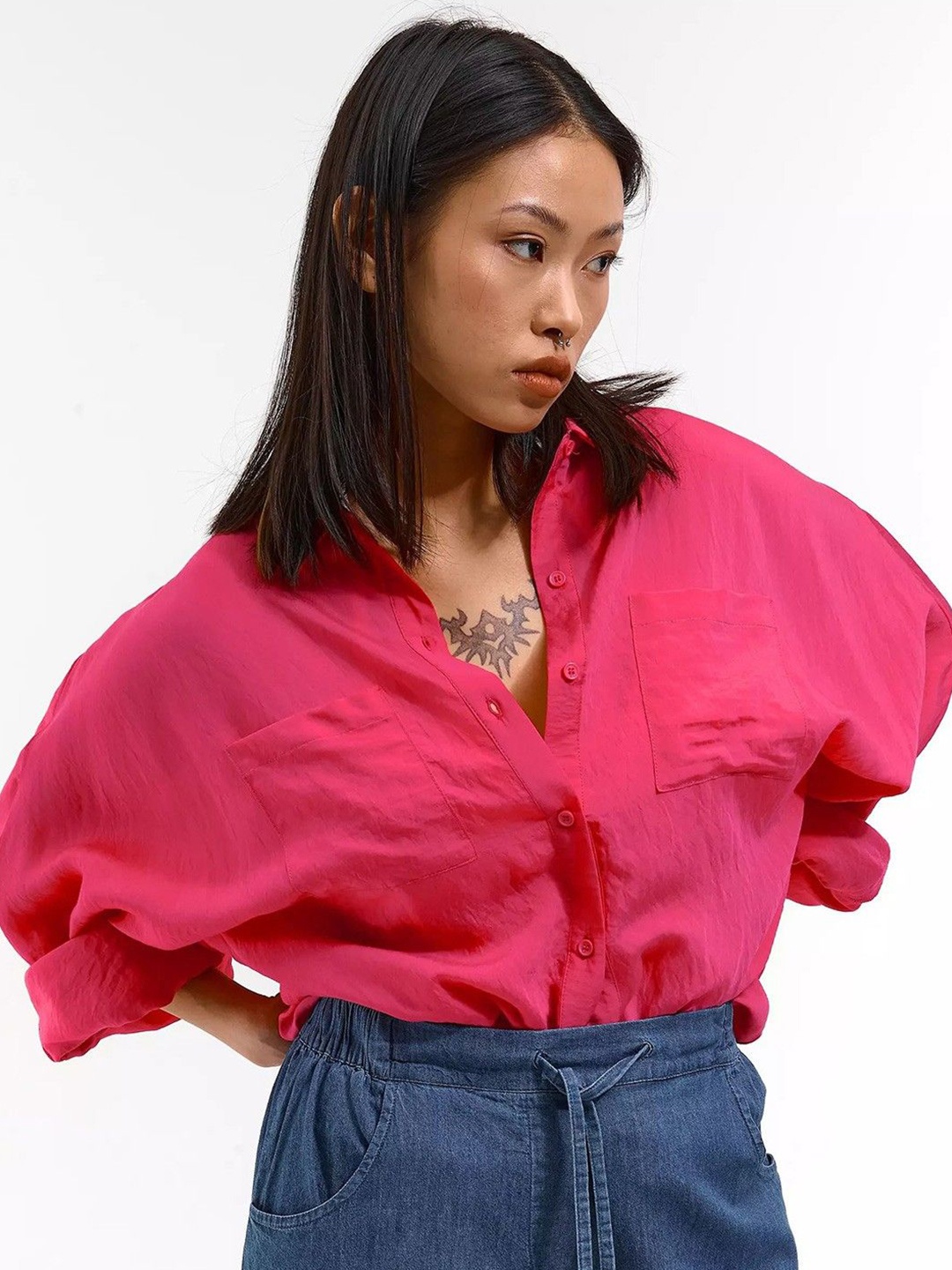 

NANCHI Women Comfort Oversized Fit Spread Collar Solid Cotton Casual Shirt, Pink
