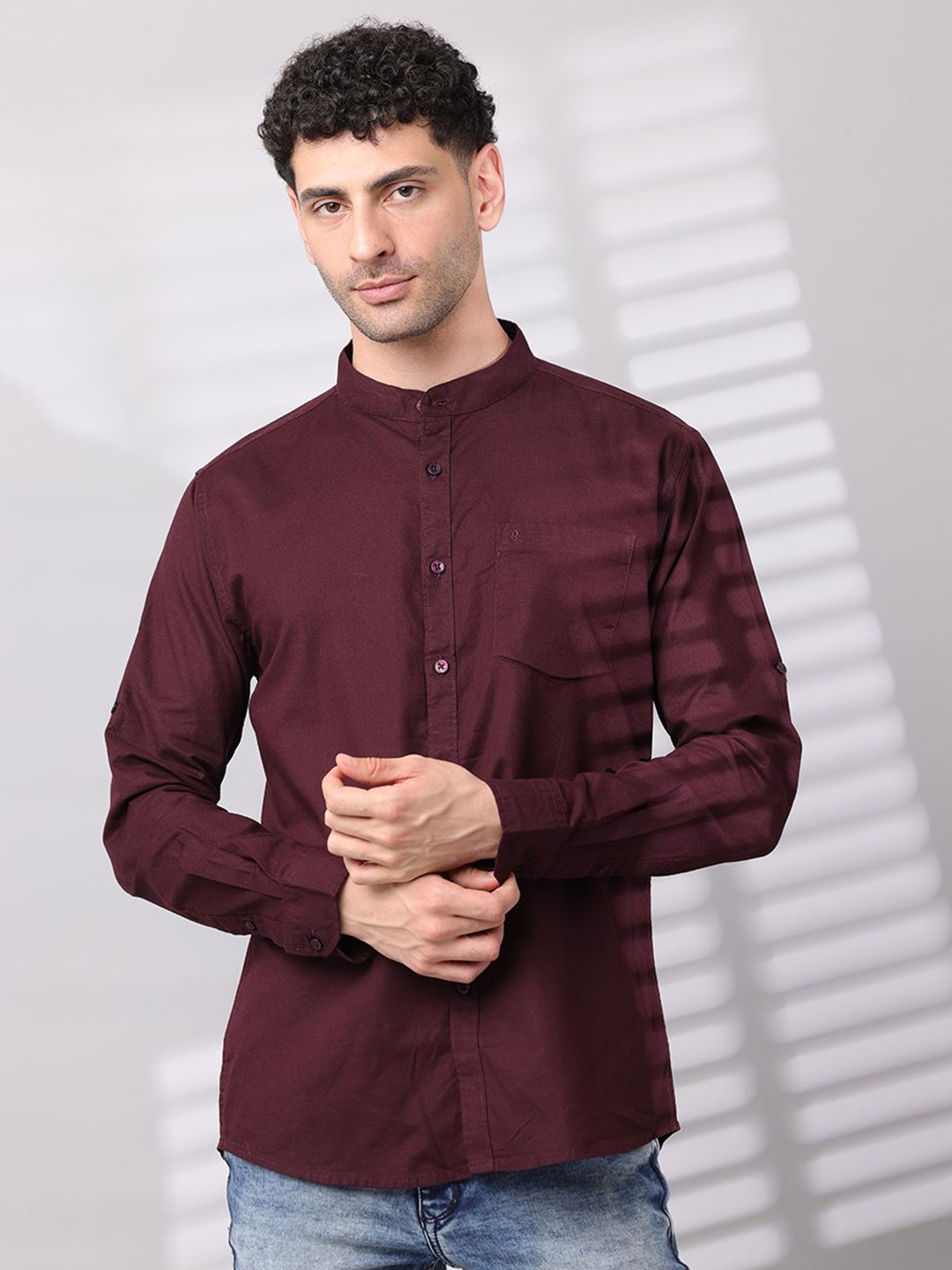 

RIGS AND RAGS Men Classic Fit Band Collar Solid Cotton Casual Shirt, Maroon