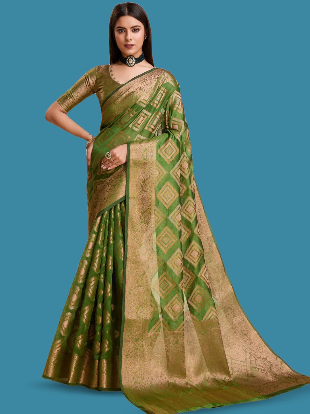 

yourwish Woven Design Zari Organza Banarasi Saree, Olive