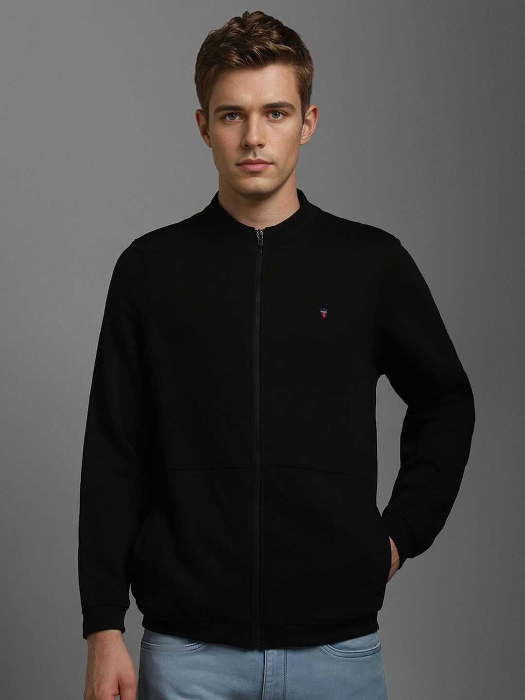 

Louis Philippe Sport Men High Neck Front-Open Sweatshirt, Black