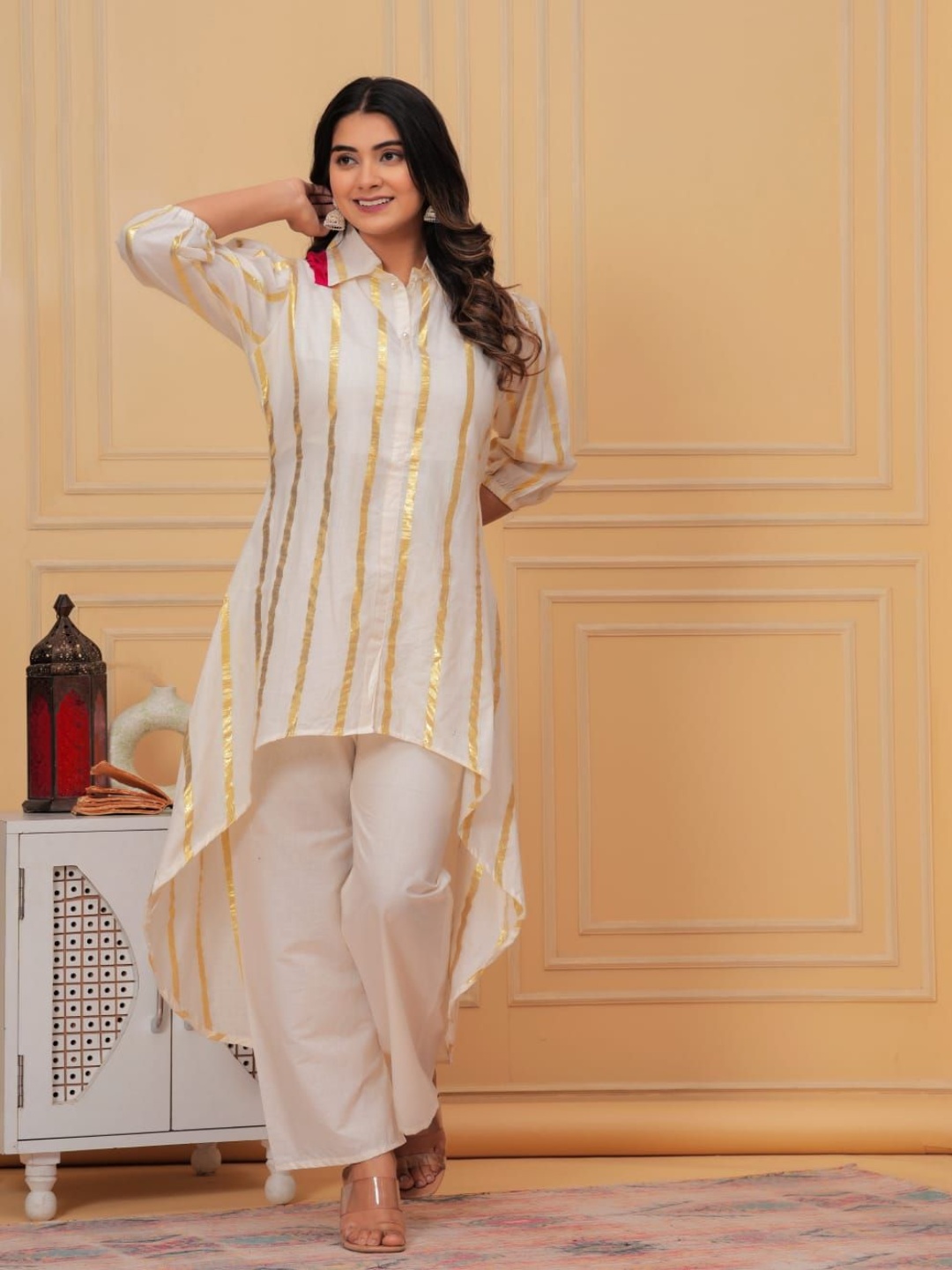 

AARYAHI Striped Shirt Collar Pure Cotton Top With Palazzo, Off white
