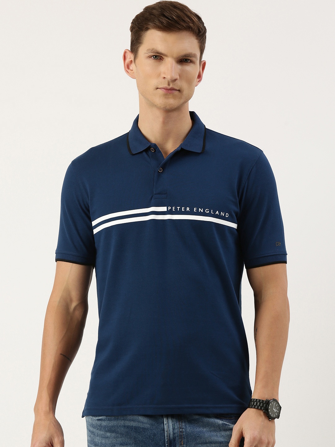 

Peter England Men Typography Printed Polo Collar T-shirt, Navy blue
