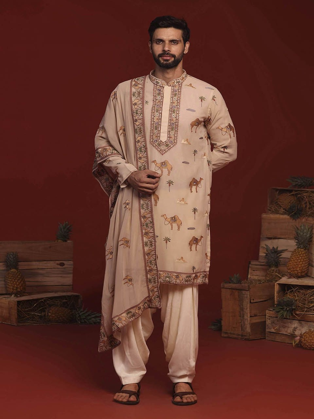 

KALPRAAG Brija Animal Print Embroidered Mandarin Collar Kurta with Patiala & Dupatta, Beige