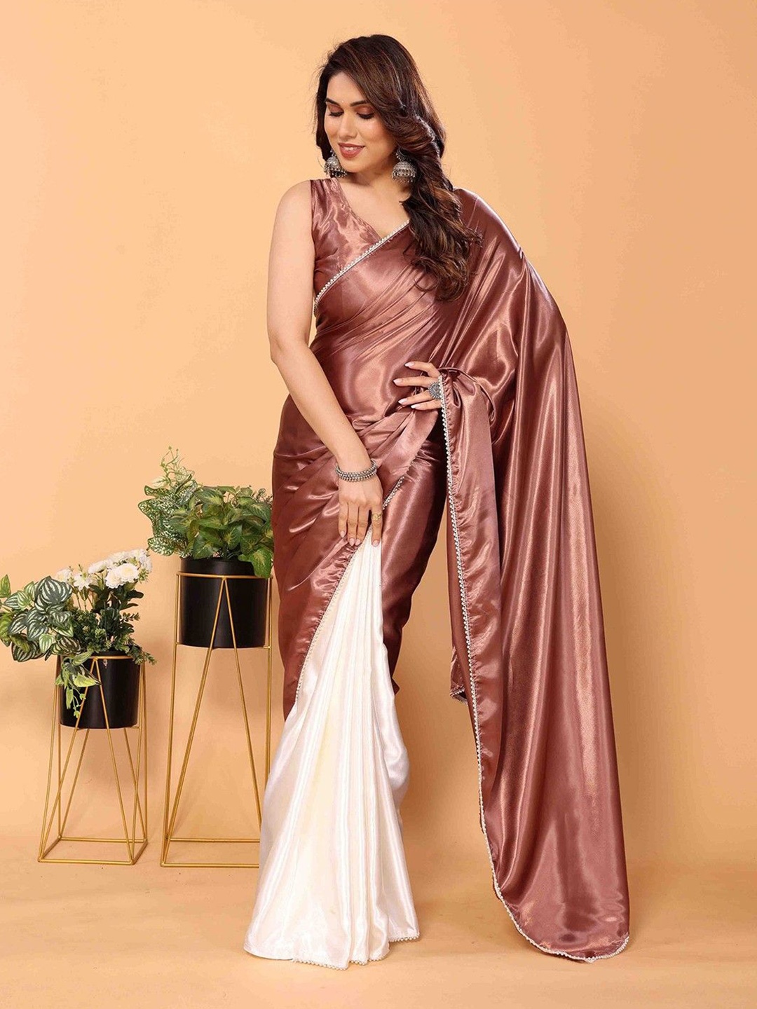 

Aika Colourblocked Satin Half and Half Saree, Pink