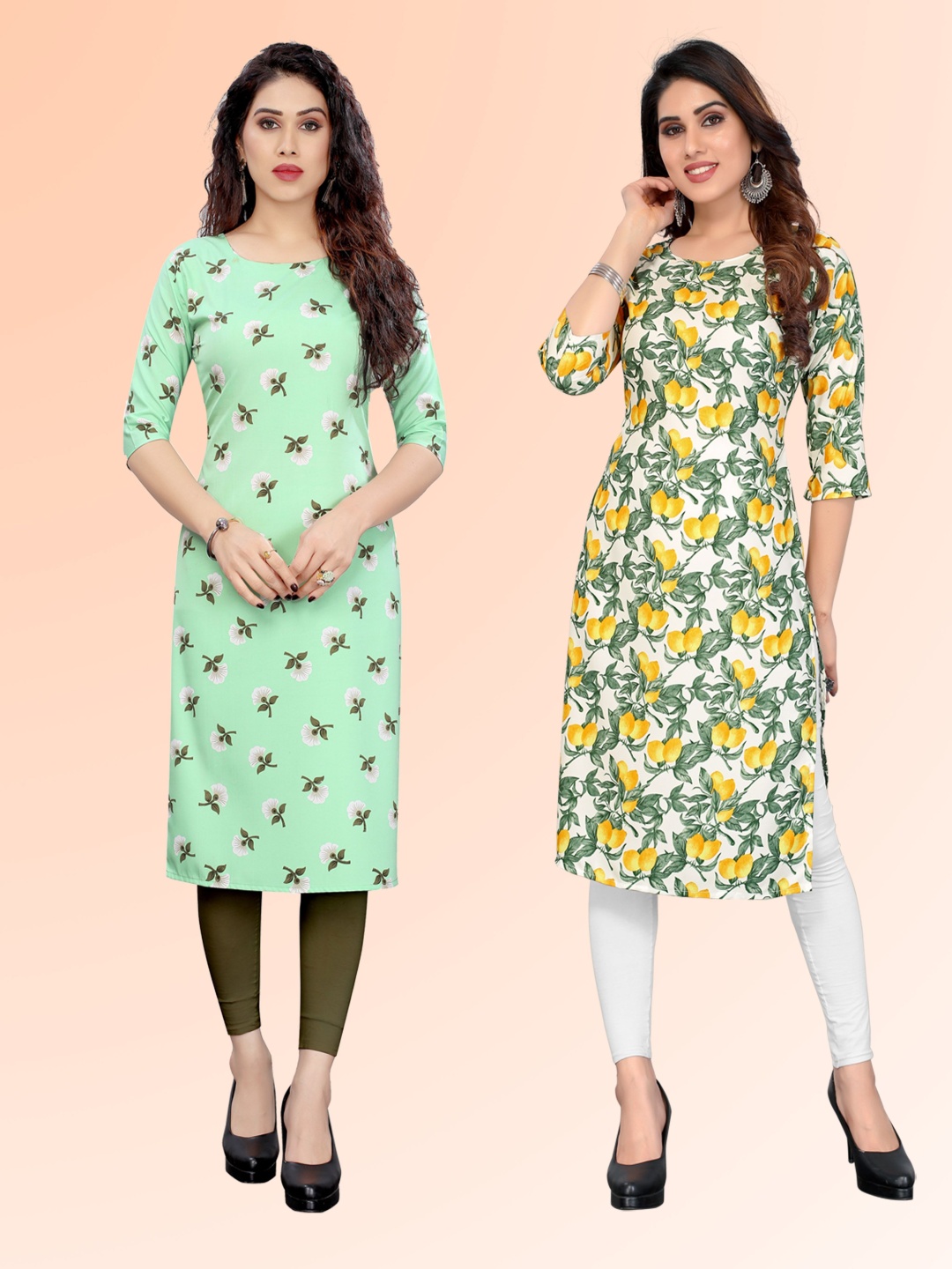

KETAKI FASHION Selection Of 2 Floral Printed Round Neck Straight Kurtas, Green