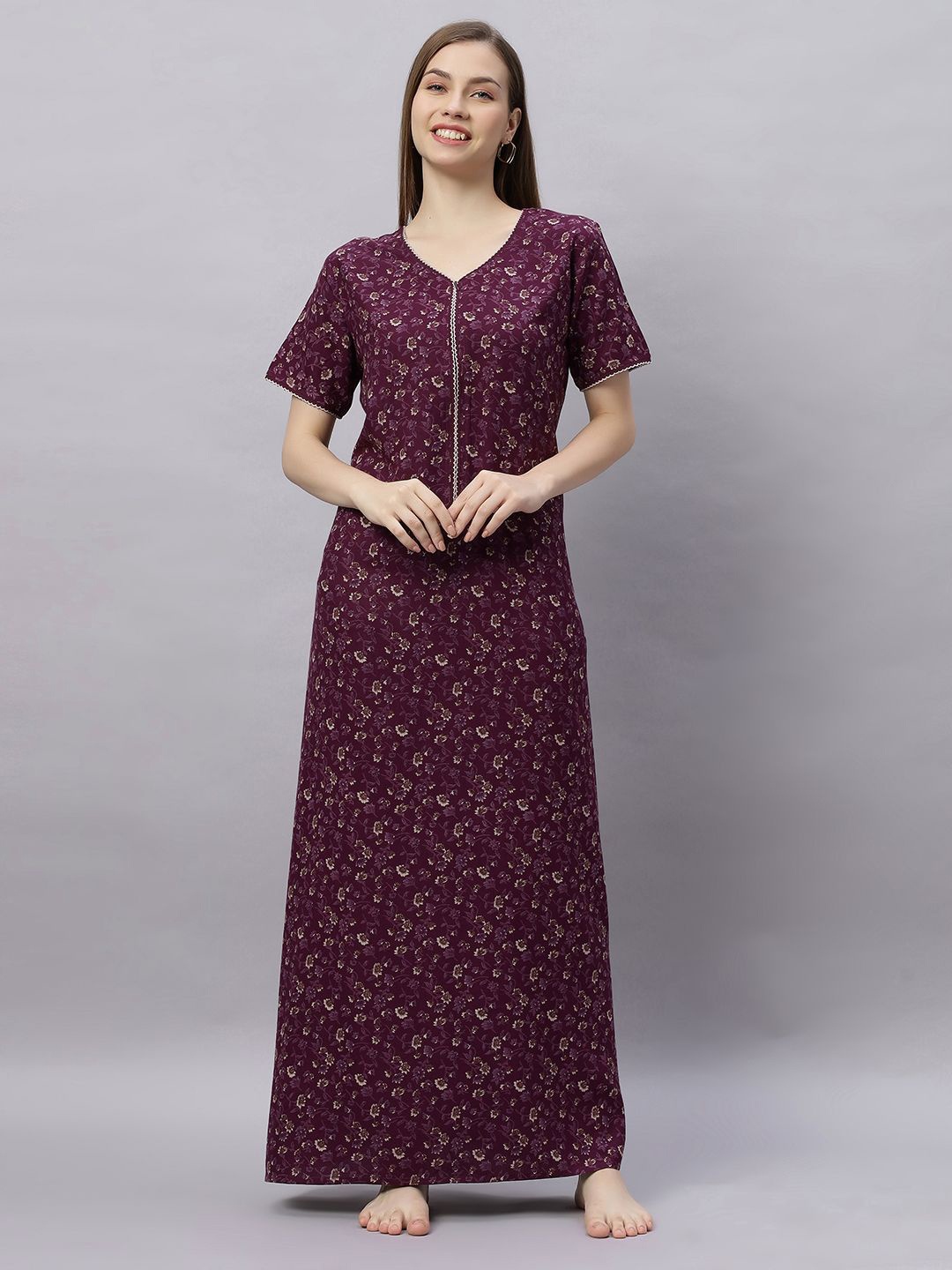 

QUIRA Women Printed Nightdress, Maroon