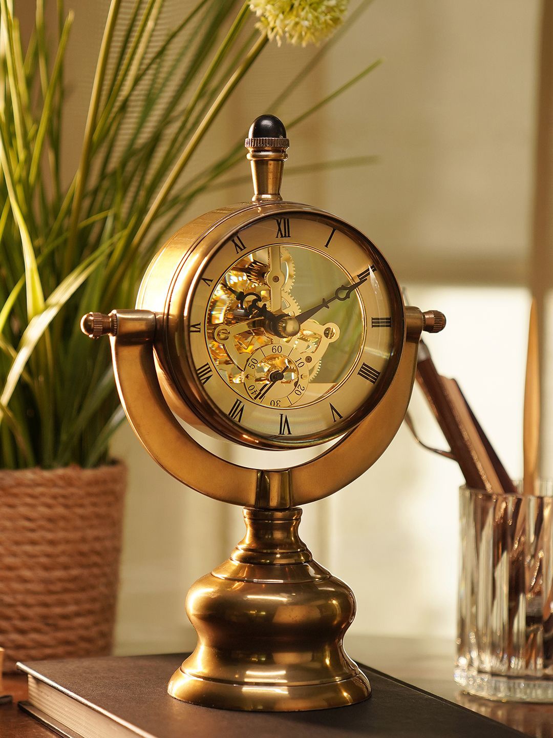 

Pure Home and Living Gold-Toned & Black Table Clock with Base Showpiece