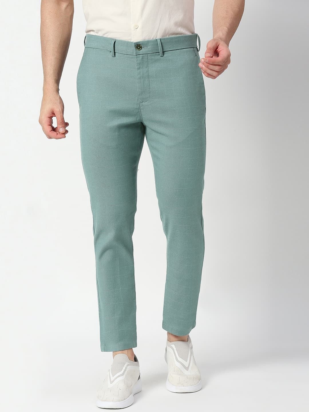 

Basics Men Checked Tapered Fit Formal Trousers Trousers, Turquoise blue