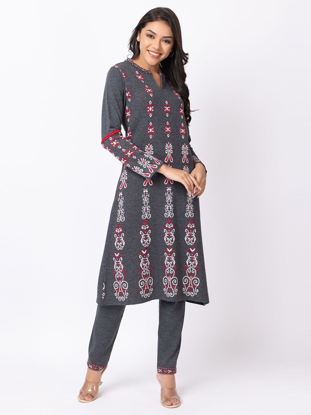 

KEIKO Ethnic Motifs Woven Design Notch Neck Acrylic Straight Kurta with Trousers, Grey