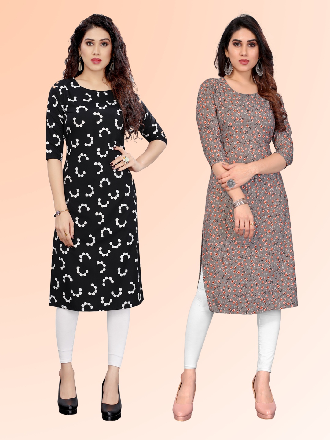 

KETAKI FASHION Selection Of 2 Floral Printed Round Neck Straight Kurtas, Black