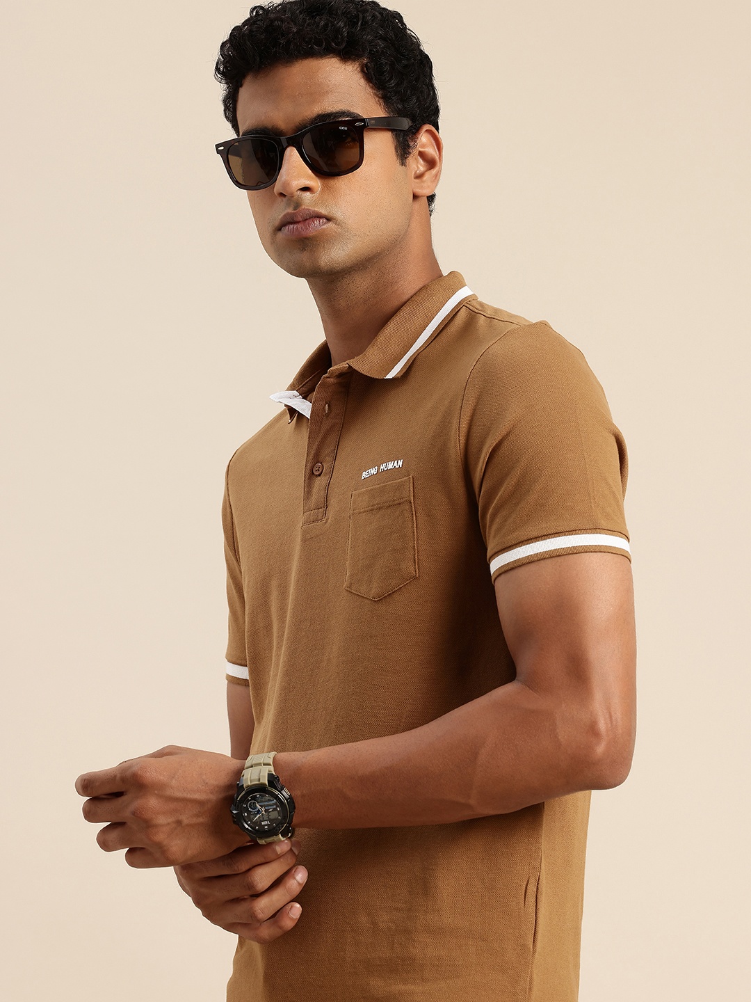 

Being Human Pure Cotton Polo Collar Pocket T-shirt, Brown