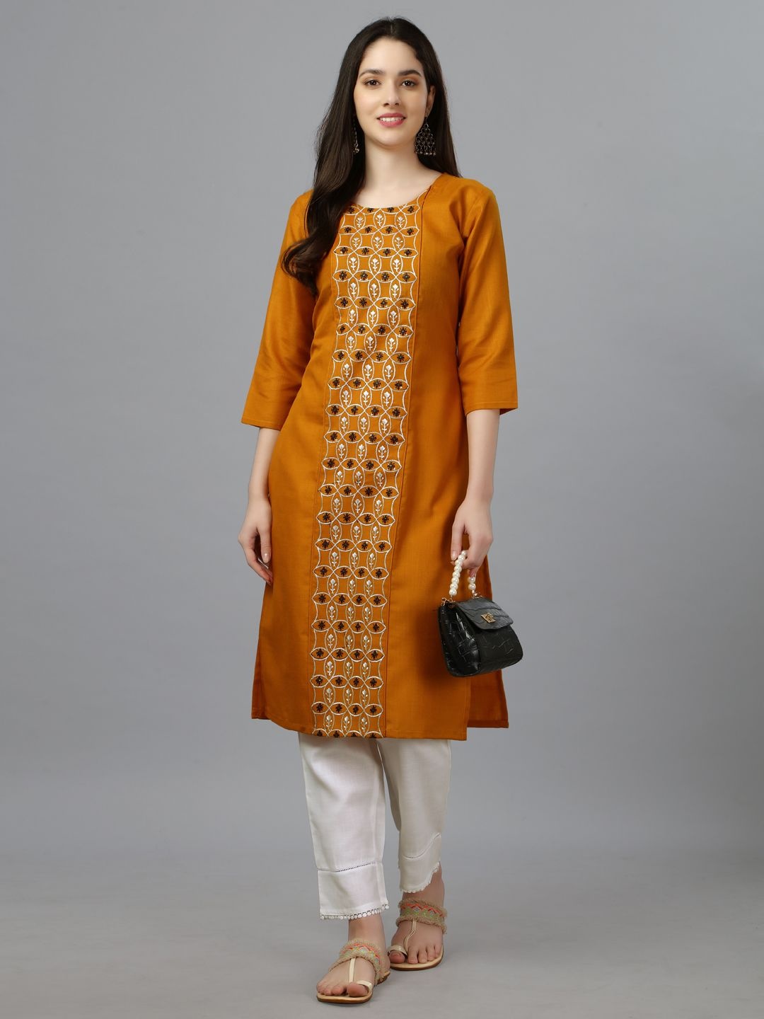 

BERISTON Floral Embroidered Cotton Round Neck Straight Kurta, Mustard