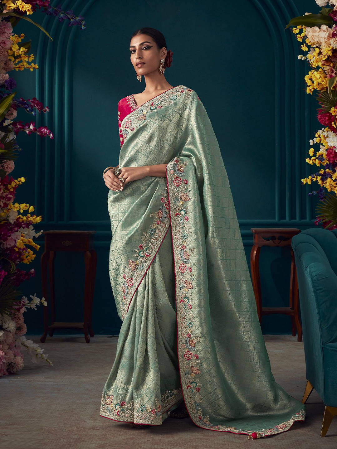 

MAHALASA Woven Design Zari Pure Silk Kanjeevaram Saree, Sea green