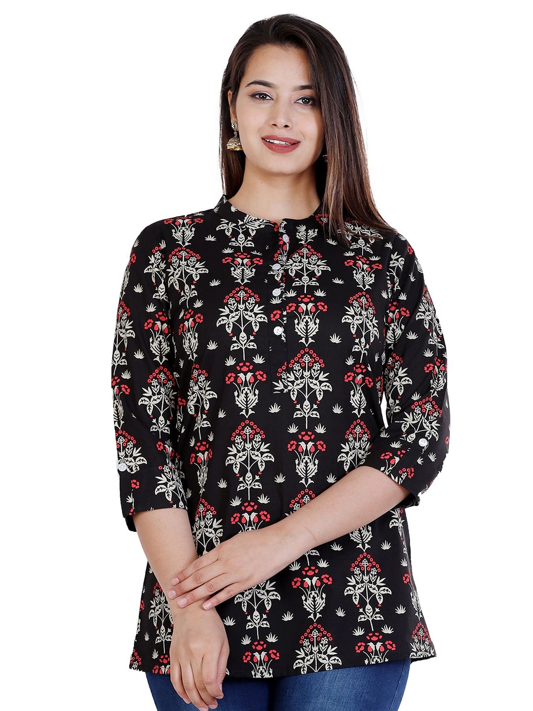 

NNAVDHA Floral Printed Mandarin Collar Cotton Top, Black