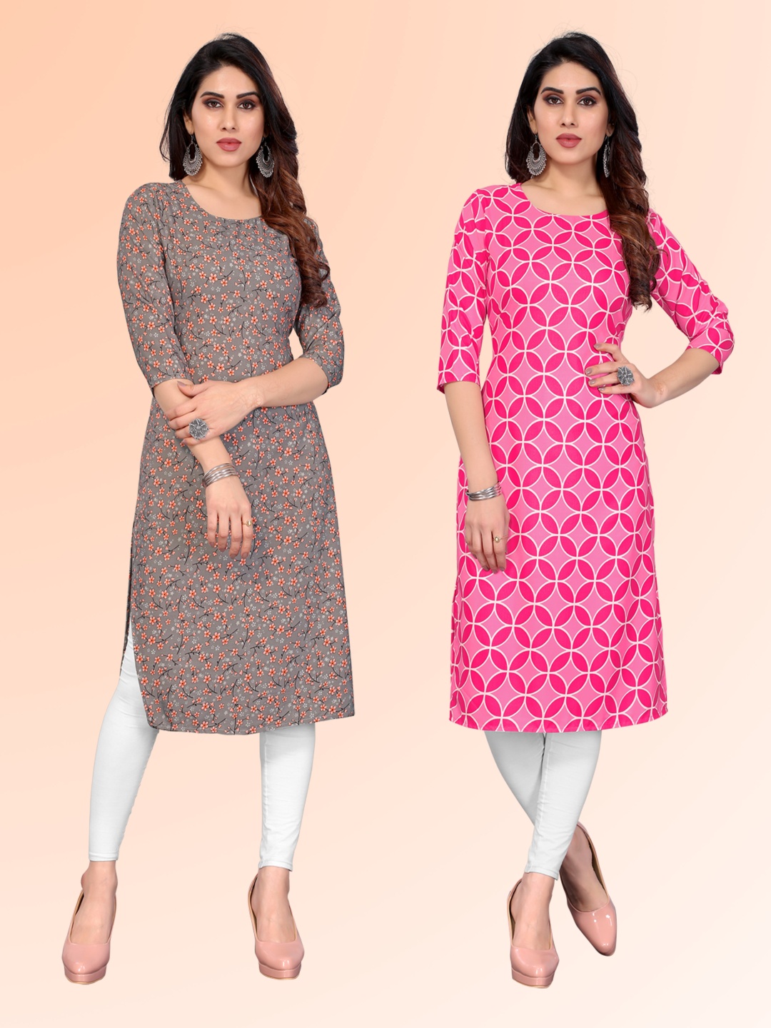 

KETAKI FASHION Selection Of 2 Floral Printed Round Neck Straight Kurtas, Grey