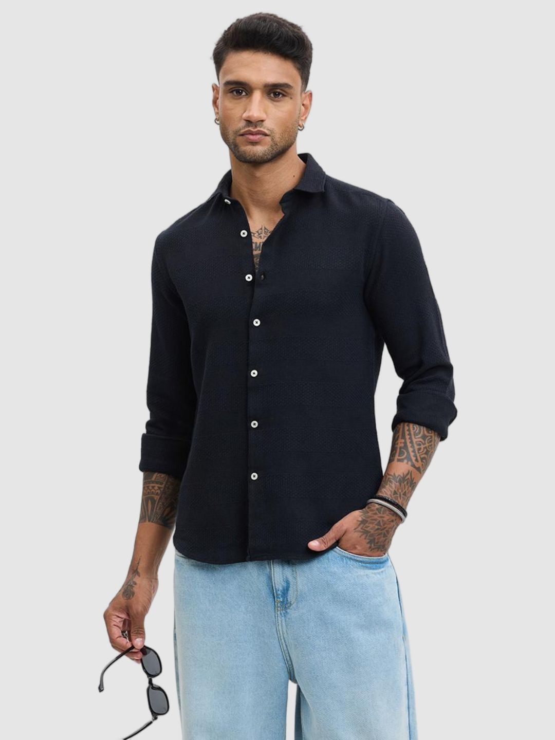 

Snitch Men Smart Fit Spread Collar Textured Cotton Casual Shirt, Black