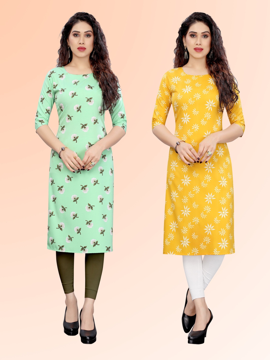 

KETAKI FASHION Selection Of 2 Floral Printed Round Neck Straight Kurtas, Green