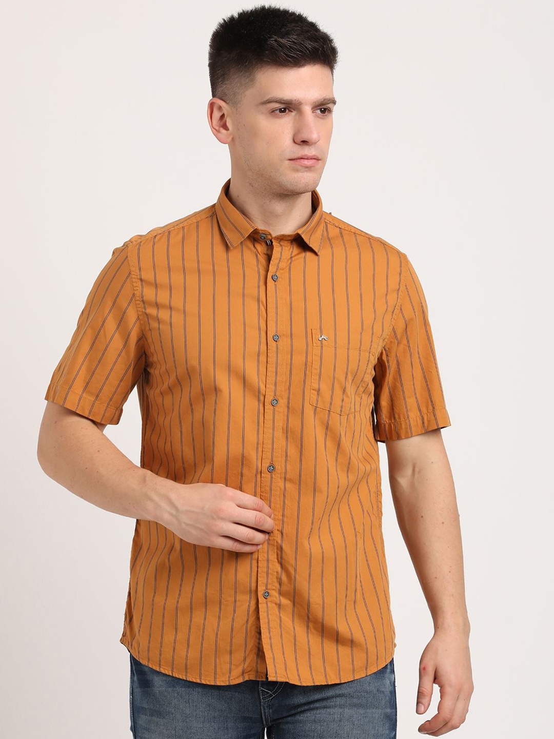 

Turtle Men Relaxed Fit Spread Collar Vertical Striped Cotton Casual Shirt, Orange