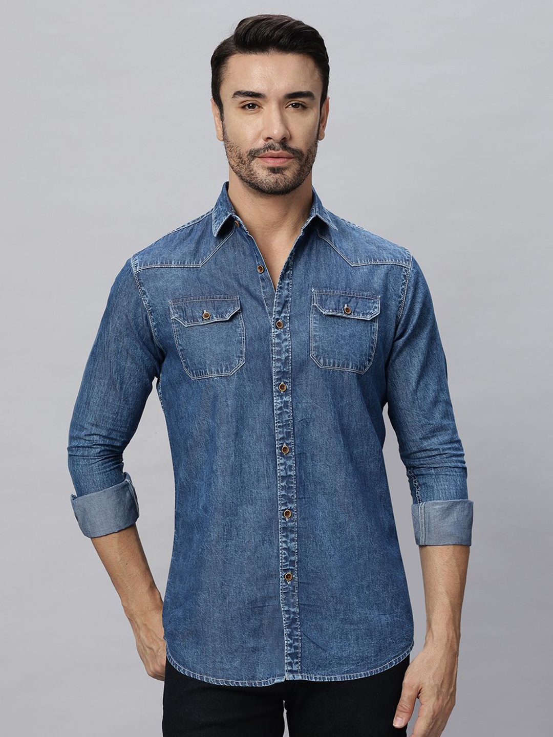 

HJ HASASI Men Relaxed Fit Spread Collar Solid Denim Casual Shirt, Blue