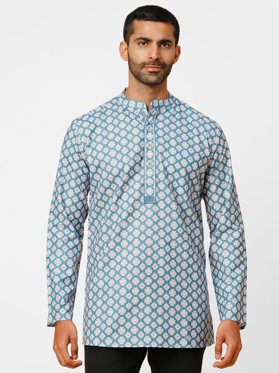 

ARCHATTIRE Floral Printed Mandarin Collar Cotton Straight Short Kurta, Blue