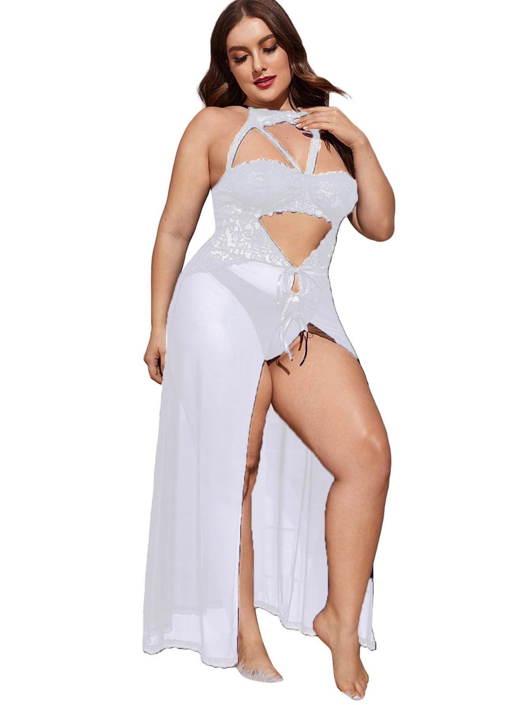 

Beera Women Plus Size Net Halter Neck Baby Doll, White