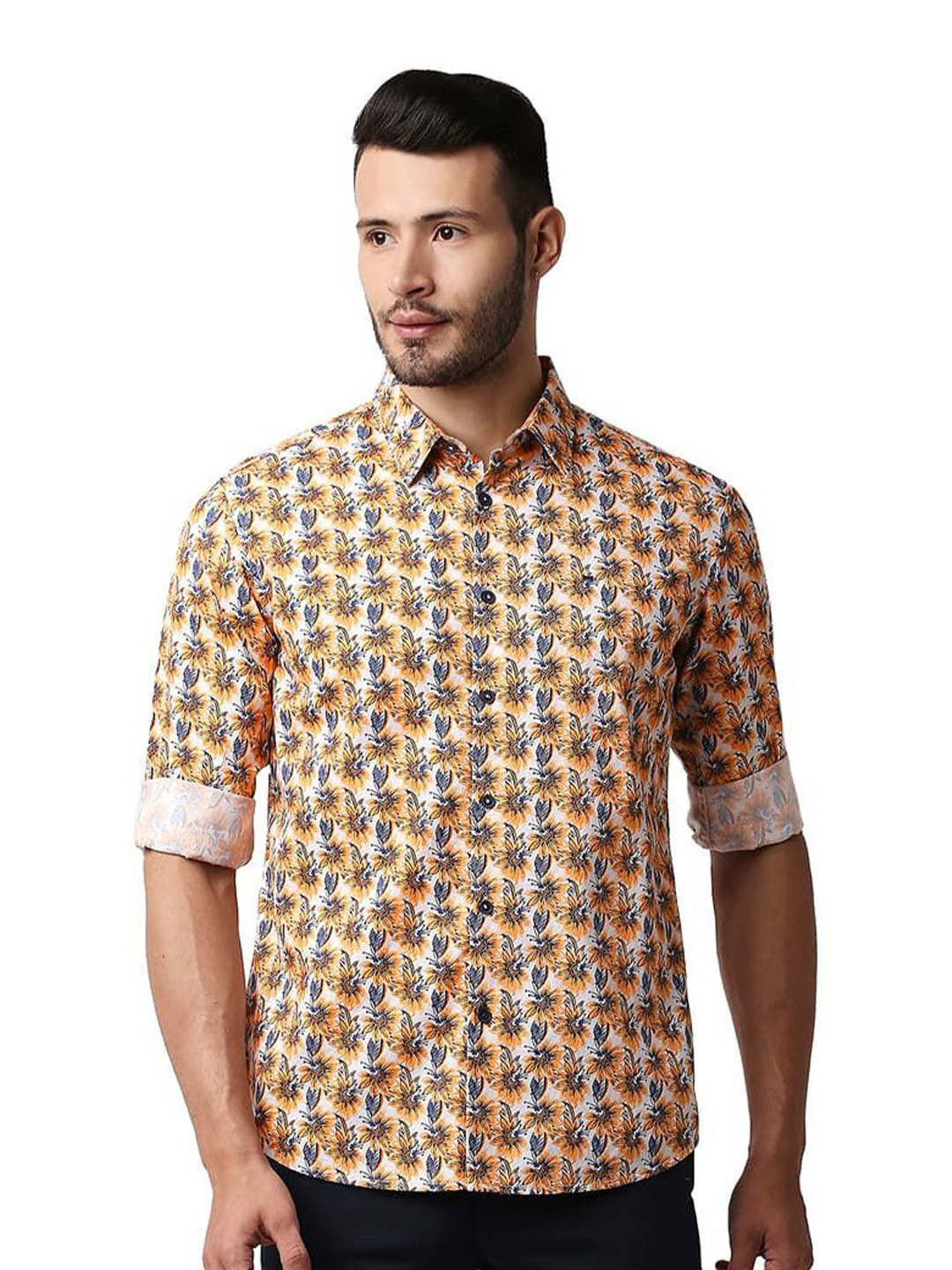 

Basics Men Slim Fit Spread Collar Floral Printed Cotton Casual Shirt, White