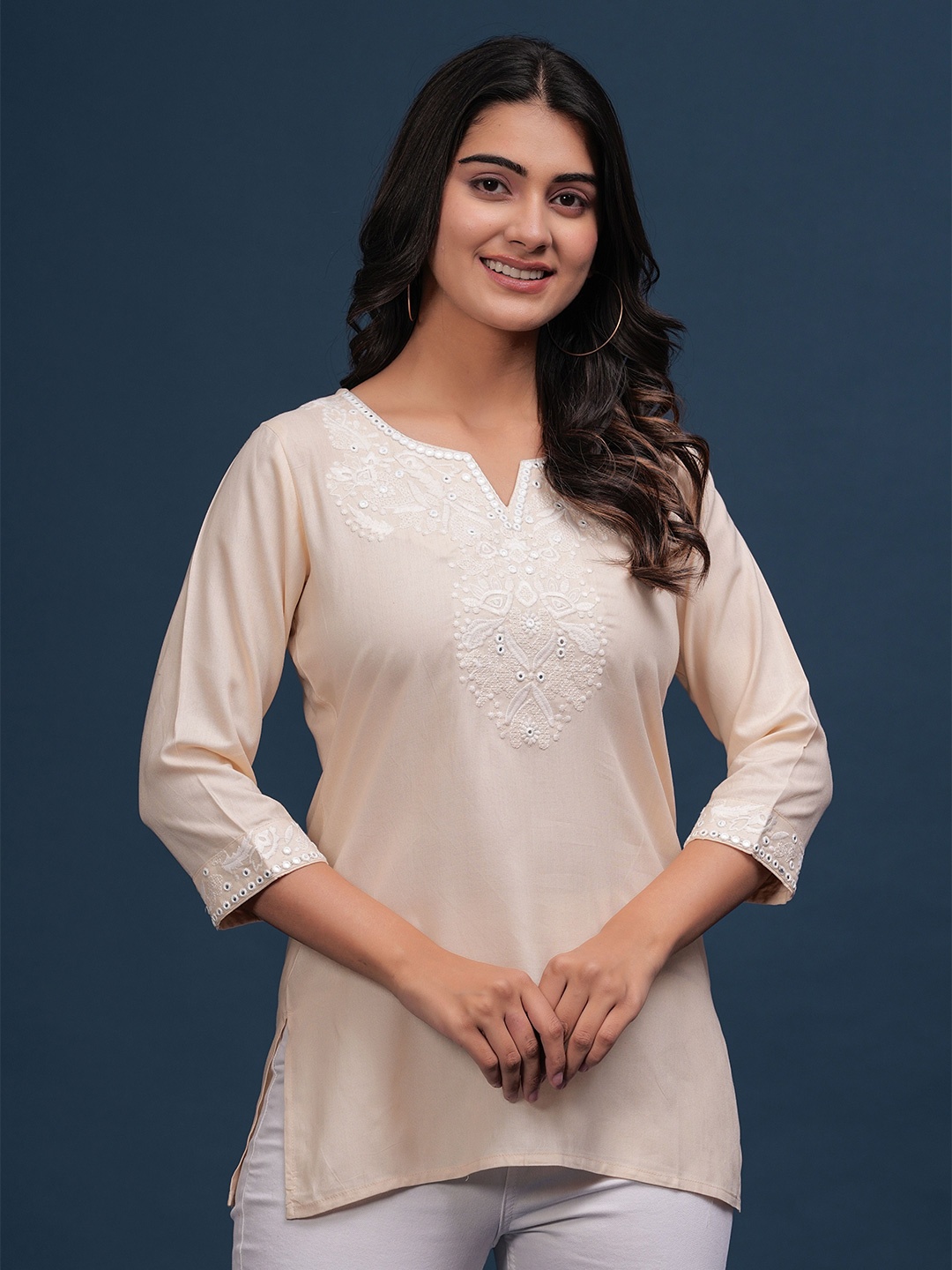 

PINGAKSH Women Embroidered Peplum Top, Peach
