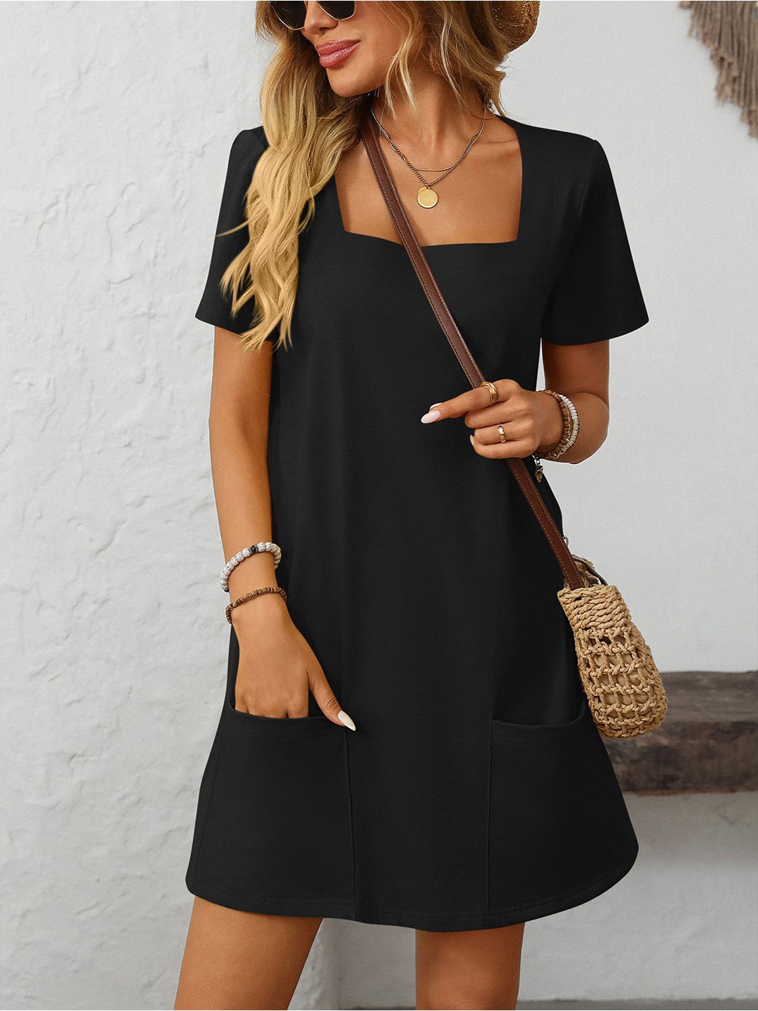 

StyleCast x Revolte Square Neck Short Sleeves A-Line Mini Dress, Black