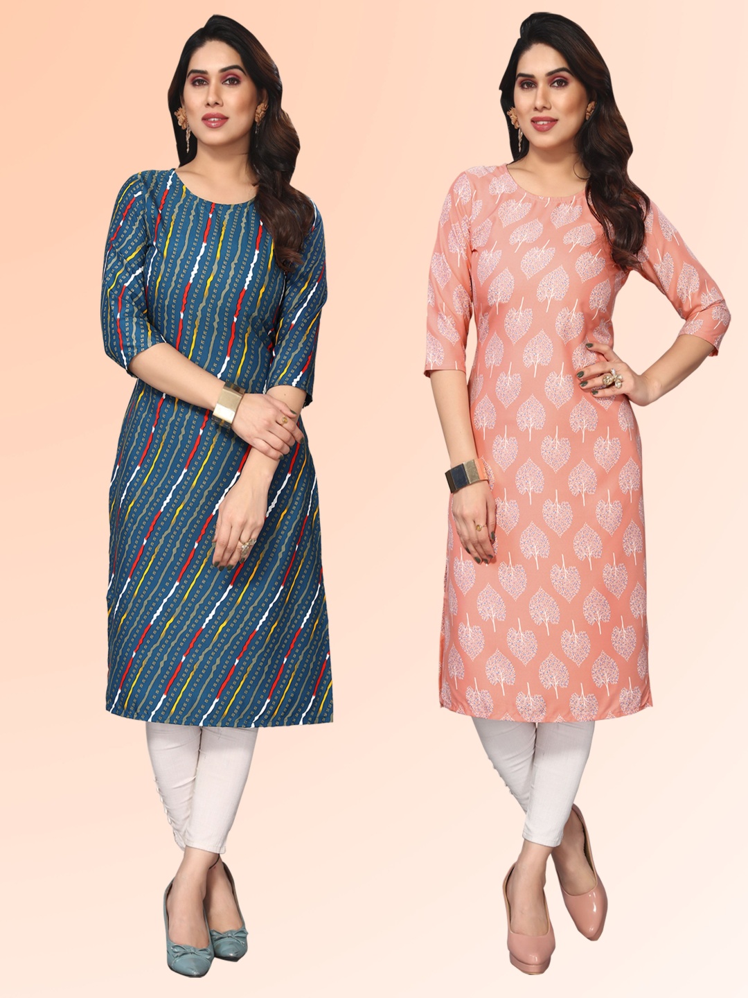 

KETAKI FASHION Selection of 2 Striped Round Neck Straight Kurtas, Blue