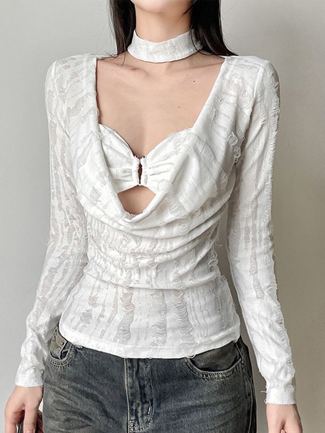 

LULU & SKY Distressed Detail Tops With Choker, White