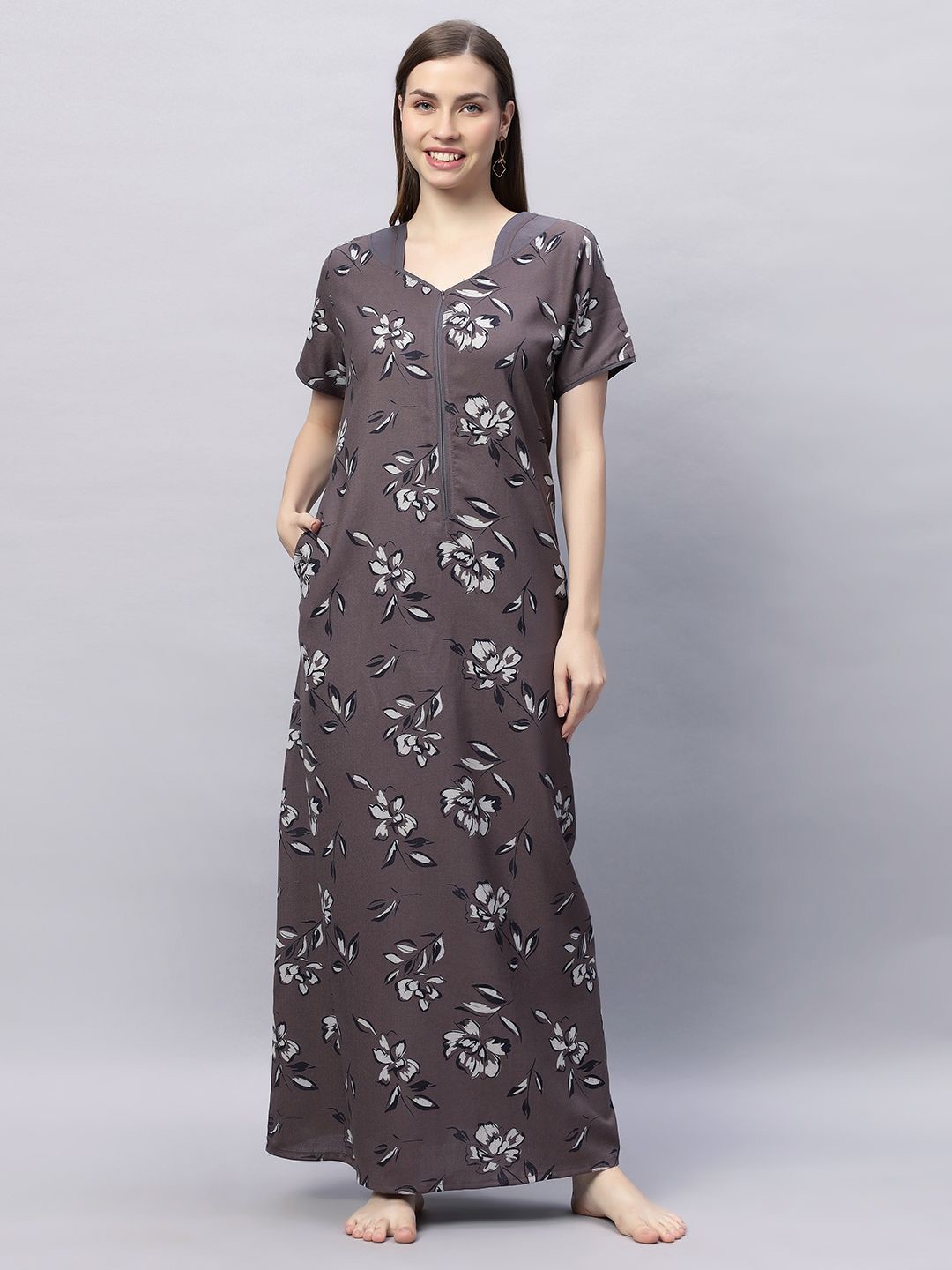 

QUIRA Floral Printed Maxi Nightdress, Grey
