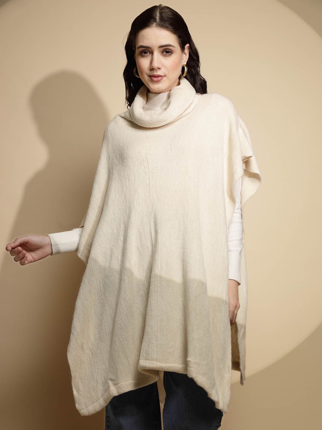 

Global Republic Women Turtle Neck Half Sleeves Poncho, White