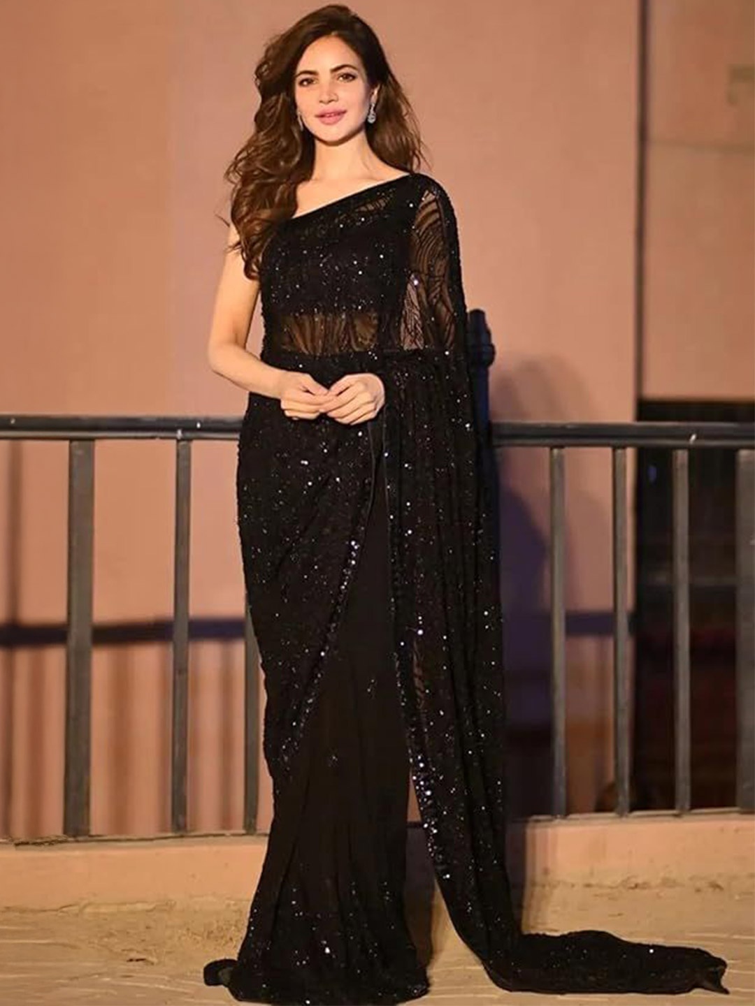 

HERE&NOW Embroidered Pure Georgette Saree, Black