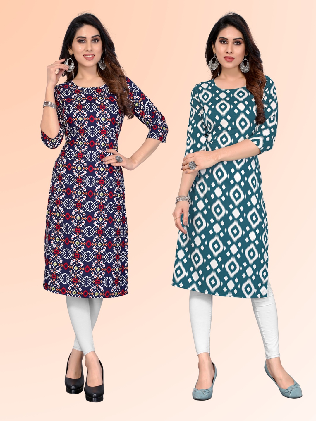 

KETAKI FASHION Selection Of 2 Ethnic Motifs Printed Round Neck Straight Kurtas, Navy blue