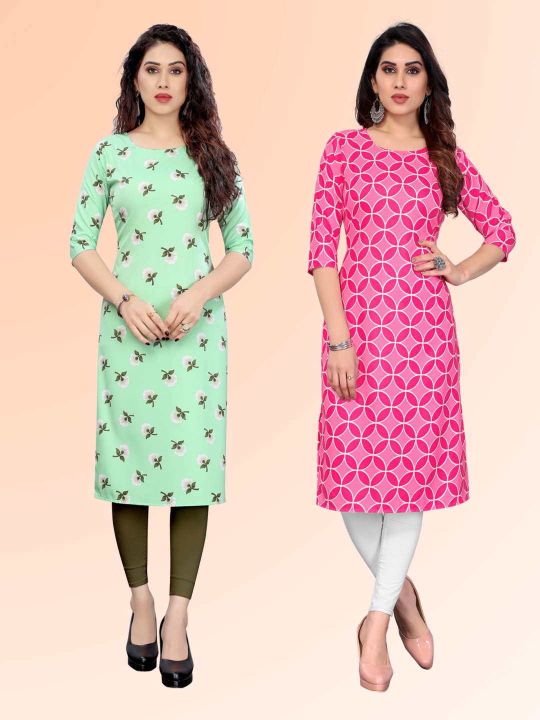 

KETAKI FASHION Selection Of 2 Floral Printed Round Neck Straight Kurtas, Green