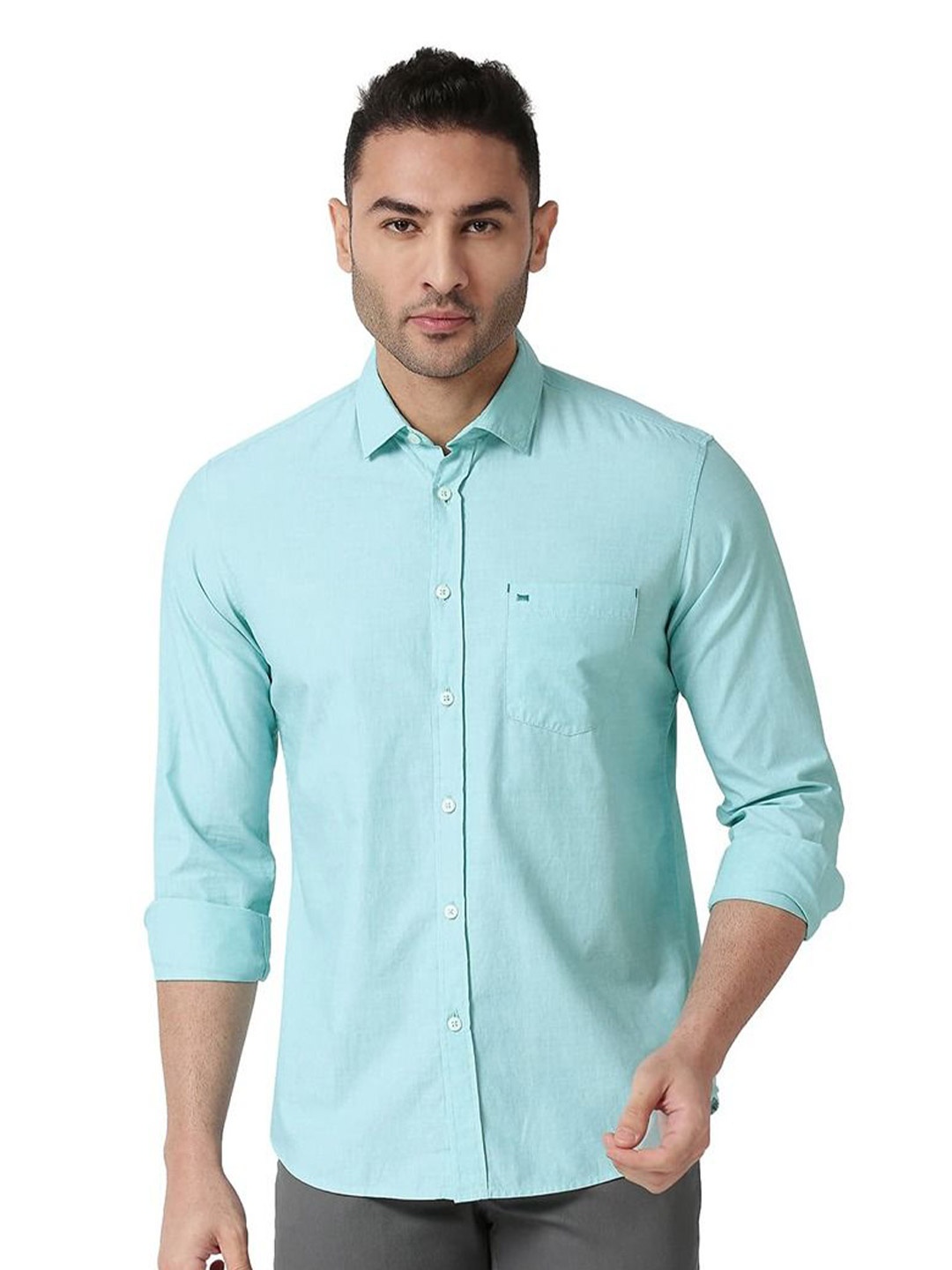 

Basics Men Slim Fit Spread Collar Solid Cotton Casual Shirt, Green