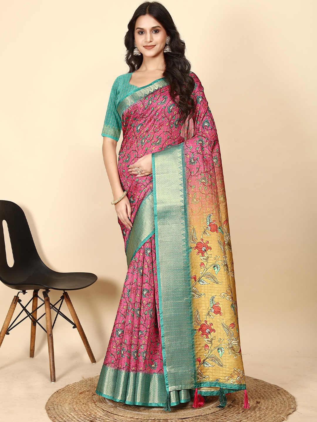 

J 6 DESIGNER Floral Zari Art Silk Block Print Saree, Pink