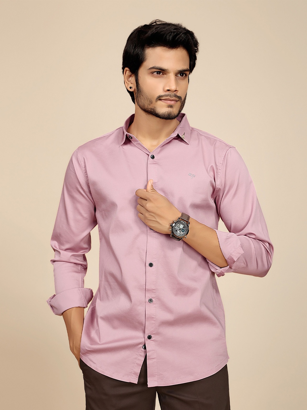 

JOSE N POSE Men Premium Tailored Fit Spread Collar Solid Satin Casual Shirt, Pink