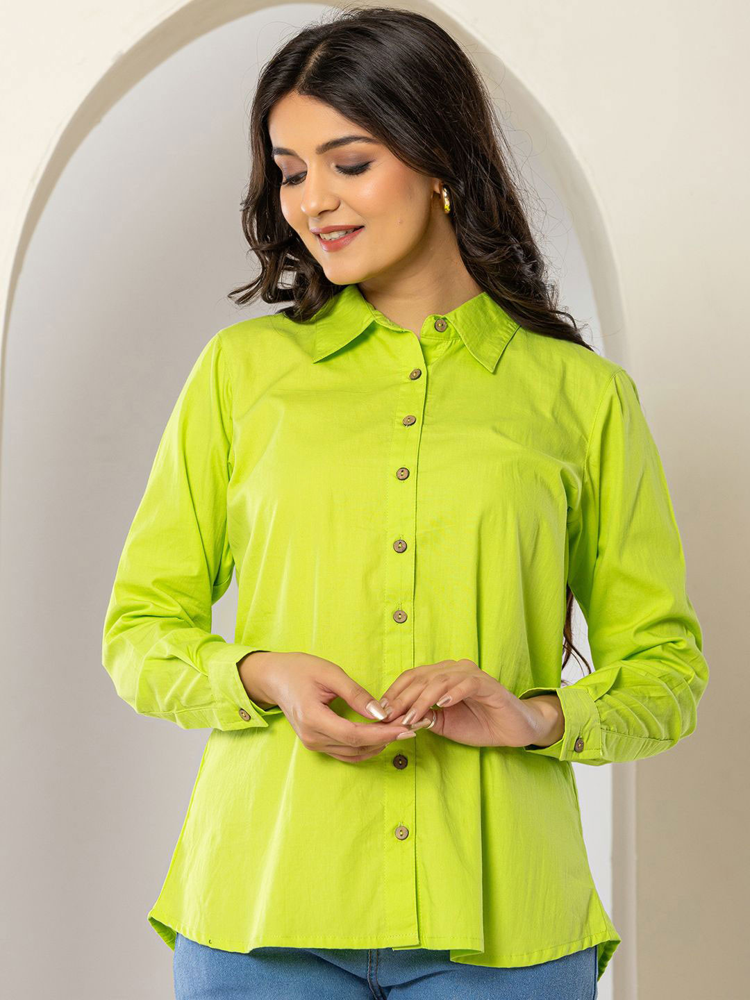 

Eco Clothing Women Classic Relaxed Fit Spread Collar Solid Cotton Casual Shirt, Green